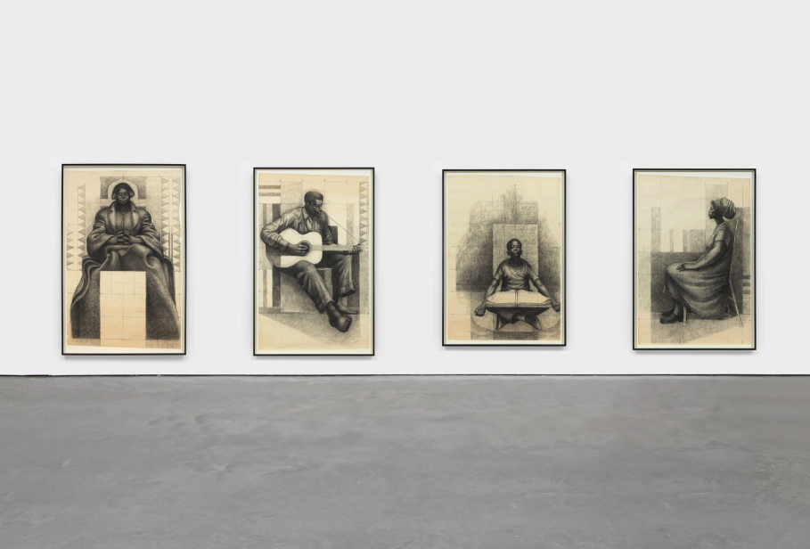 Studies for Mary McLeod Bethune Mural (Seated Child with Book, Guitar Player, Mary McLeod Bethune, and Seated Woman), 1977-1978 Ink on charcoal in paper in four (4) parts