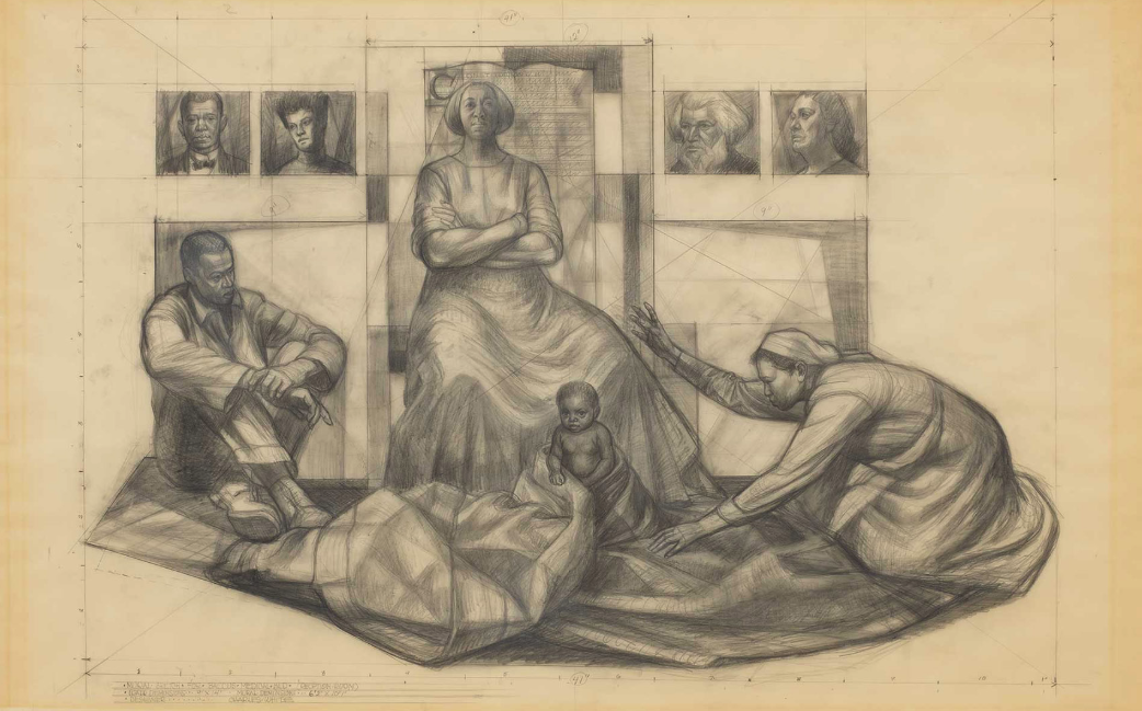 Study for Mural – Baccus Medical Building, 1961 Charcoal on paper 31 1/2 x 49 3/4 inches (80 x 126.4 cm) Framed: 38 1/4 x 56 1/4 inches (97.2 x 142.9 cm)