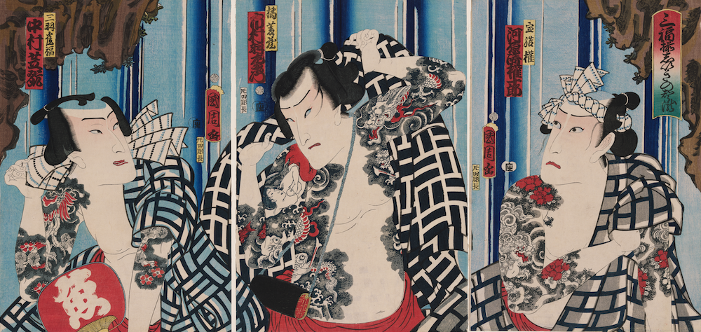 Unity of Three Happinesses: Favorite Actors before a White  Waterfall: Actors Kawarazaki Gonjuro I as Takaramusubi no  Gon (R), Ichimura Uzaemon XIII as Tachibana Hishizo (C), and  Nakamura Shikan IV as Sanba Jafuku (L) , 1863, by Toyohara  Kunichika (1835–1900). Woodblock print; ink and colors on  paper. Museum of Fine Arts, Boston, William Sturgis Bigelow  Collection , 11.41572aVc. Photograph © Museum of Fine Arts,  Boston.