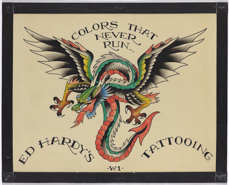 "Colors That Never Run, W1," undated. Black ink and watercolor on illustration board, 12 x 15 in. (30.5 x 38.1 cm). Collection of the artist © Don Ed Hardy