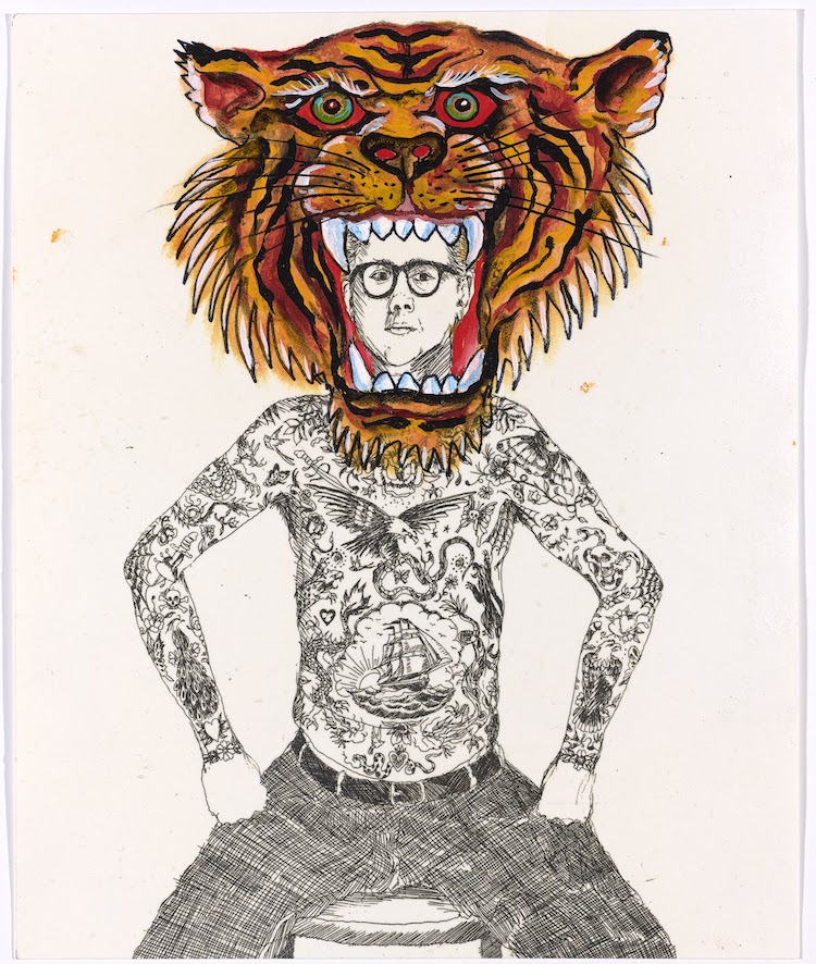Don Ed Hardy, "El Tigre," 2009. Acrylic on digital print, 16 x 13 1/8 in. (40.6 x 33.3 cm). Collection of the artist. © 2019 Don Ed Hardy