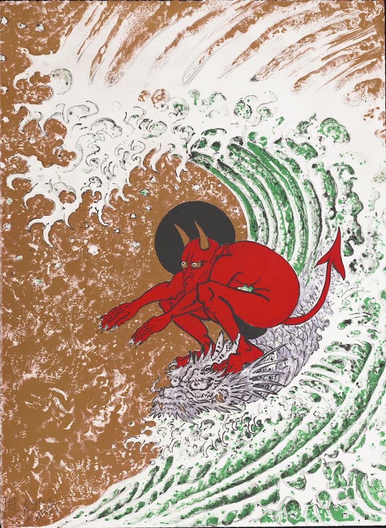"Surf or Die", 2004  Color lithograph with metallic gold powder  772 x 572 mm (30 3/8 x 22 1/2 in.)  Printed by Bud Shark Published by Shark’s Ink, Colorado