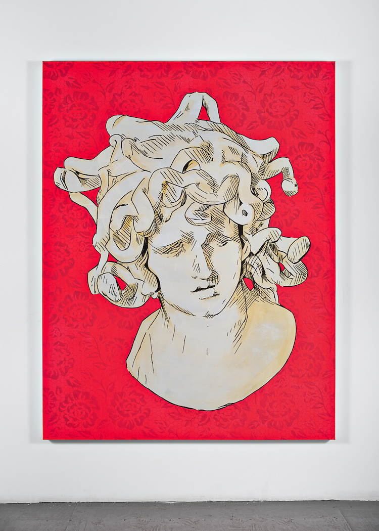 "Bad Feminist (Luminous Red Lace Medusa)," 2019. Acrylic and archival ink on canvas.