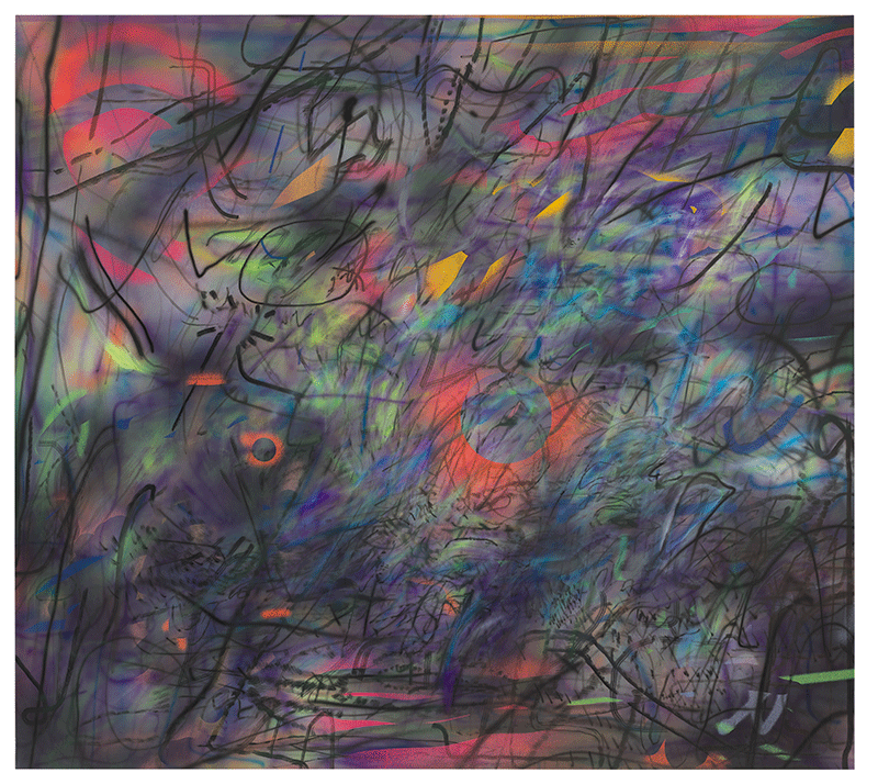 Julie Mehretu, Sun Ship (J.C.), 2018. Ink and acrylic on canvas, 108 x 120 in. (274.3 x 304.8 cm), Pinault Collection.