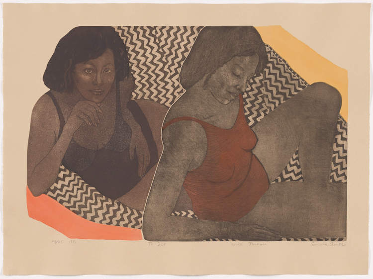 To Sit (With Pochoir), 1981, by Emma Amos (American, 1937–2020), 2021-45-1. © Emma Amos; Courtesy RYAN LEE Gallery, New York