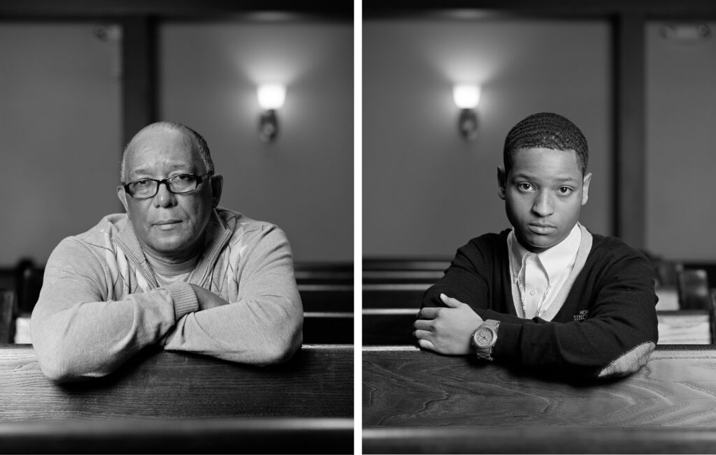 Dawoud Bey (American, b. 1953). The Birmingham Project: Wallace Simmons and Eric Allums, 2012. Archival pigment prints mounted to dibond, 40 x 64 inches (two separate 40 x 32 inch photographs). © Dawoud Bey. Courtesy of Stephen Daiter Gallery.