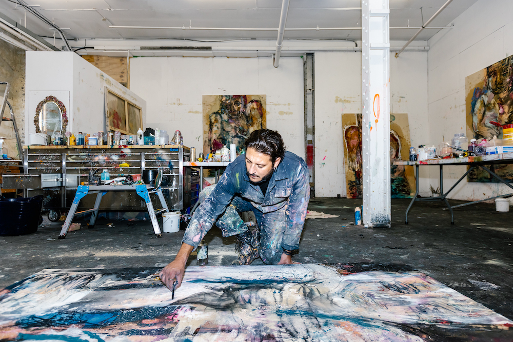 Daniel Crews-Chubb in UK studio, 2023, Installation View ©Daniel Crews-Chubb, 2023. Courtesy of the artist and Roberts Projects Los Angeles, California; Photo Robert Tim Craig