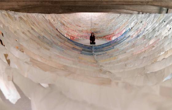 Suspended shirt installations by Kaarina Kaikkonen