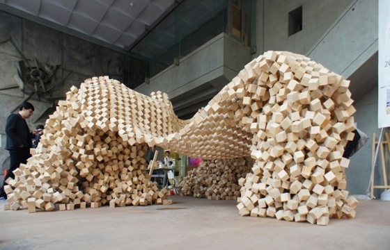 Ken Yokogawa's 7000 Wooden Cube Structure is Held Together by Hooks