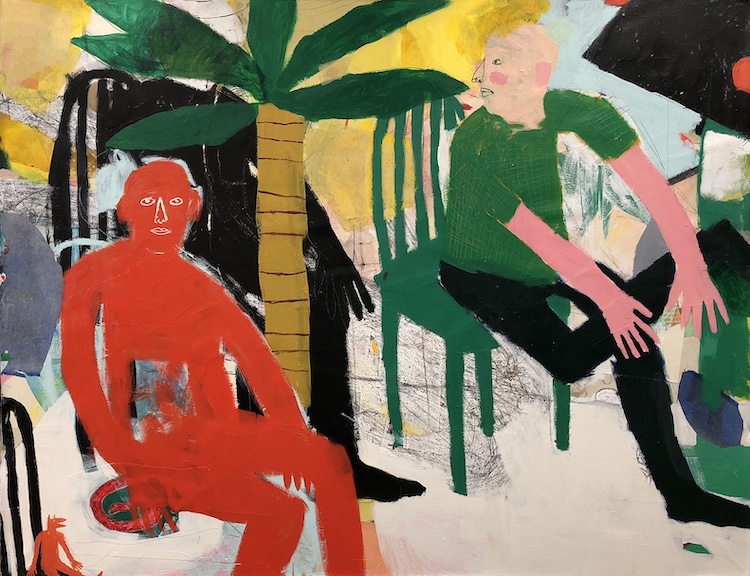 Mitch Mantle Orange Red Man 2021 acrylic and collage on canvas 62.5 x 82.5 in