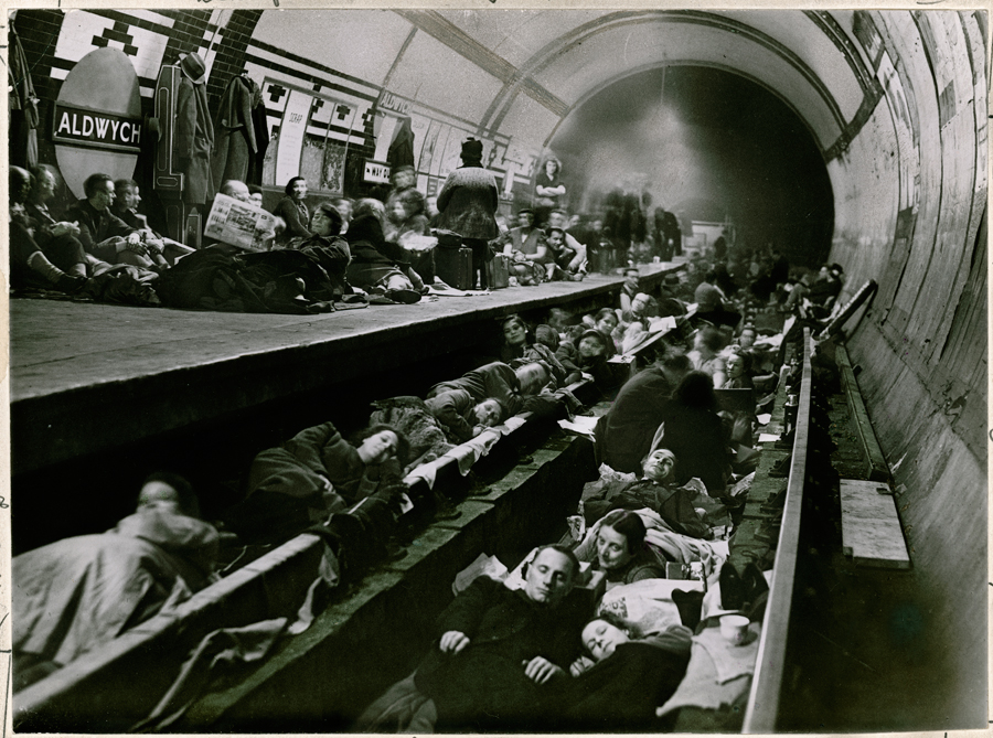 Londoners seek shelter during WWII in the Aldwych tube station, April 1941. Photograph by Acme News Pictures, Inc.