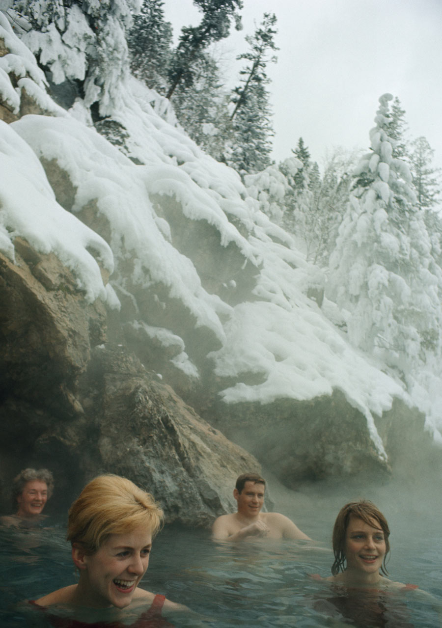 Thermal springs warm winter bathers in British Columbia, 1966. Photograph by James L. Stanfield, National Geographic.