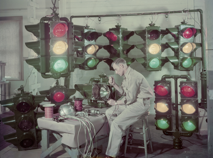 Traffic lights are made in Shreveport, Louisiana, and sent around the U.S. and abroad, December 1947.