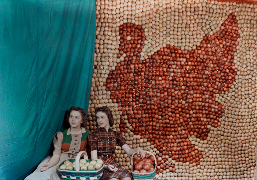 Two girls sit in front of an apple display in the shape of a turkey in West Virginia, 1939. Photograph by B. Anthony Stewart, National Geographic