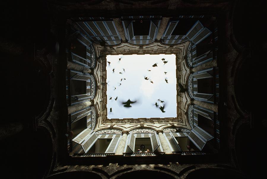 A flock of birds fly up from an enclosed courtyard in Old Havana, December 1987. Photograph by James L. Stanfield, National Geographic