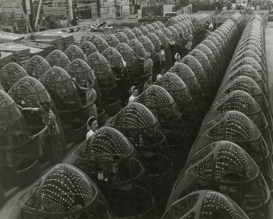 Nose assemblies for Douglas A-20 attack bombers in a factory. Photograph by Douglas Aircraft Co.