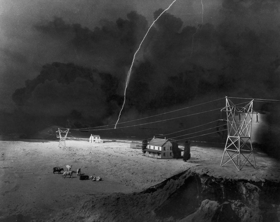 A tiny model farm built for lightning research and power line tests, June 1950. Photograph by Westinghouse Electric Corp.