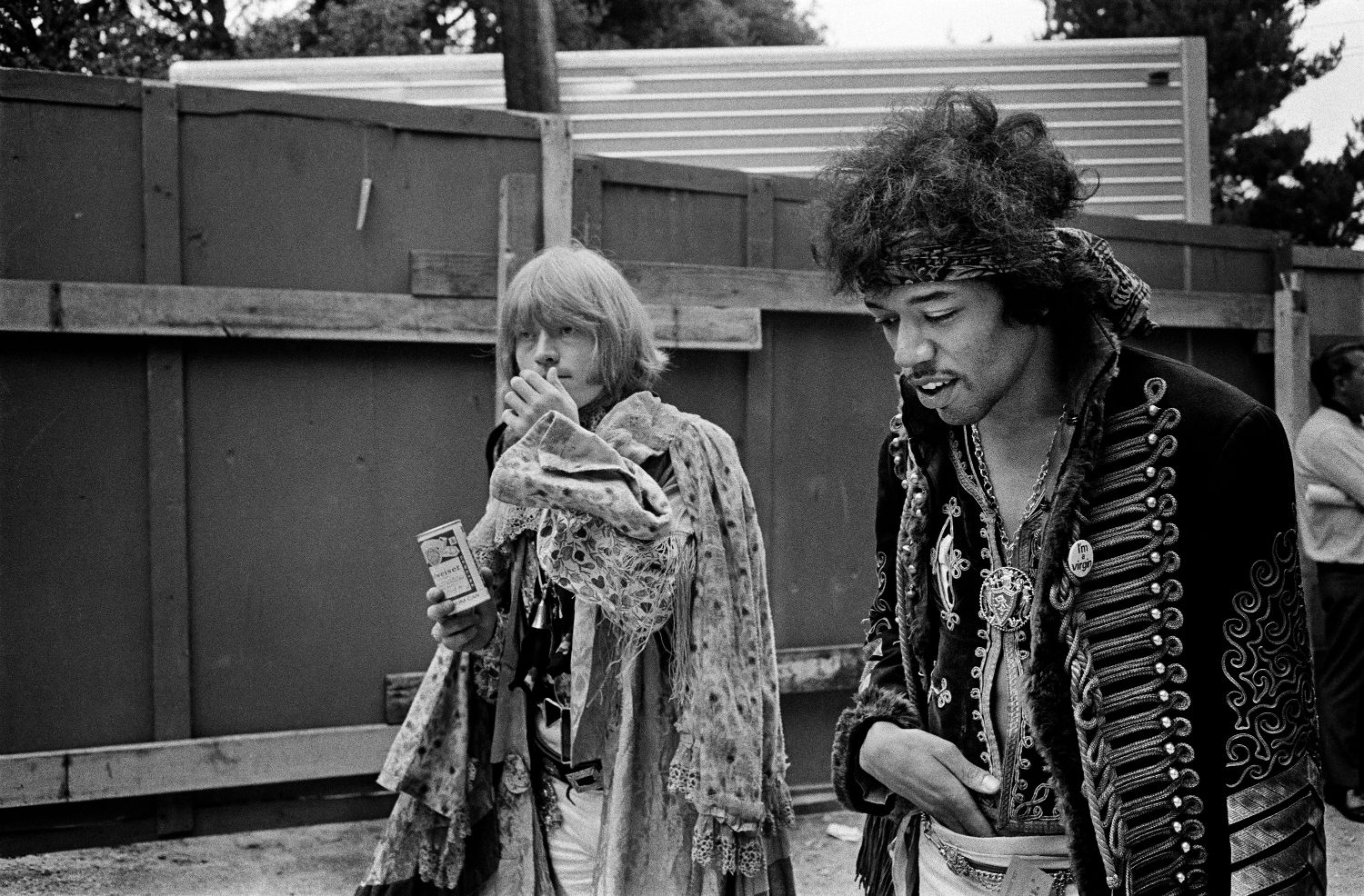 Brian Jones and Jimi Hendrix backstage at the Monterey Pop Festival