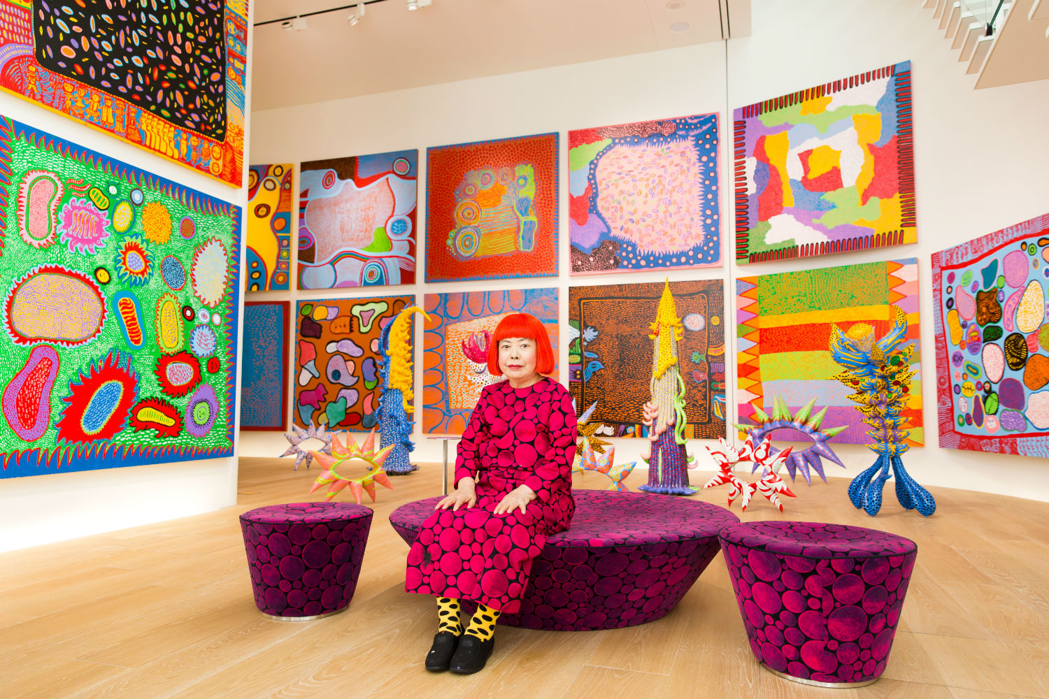 Yayoi Kusama with recent works in Tokyo, 2016. Photo by Tomoaki Makino. Courtesy of the artist © Yayoi Kusama