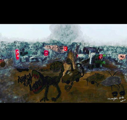 From Banksy: "One year ago Zehra Dogan was jailed for painting this watercolour of a photograph she saw in the newspaper. Protest against this injustice by re-gramming her painting and tagging Turkey’s President Erdogan @rterdogan #FREEzehradogan "