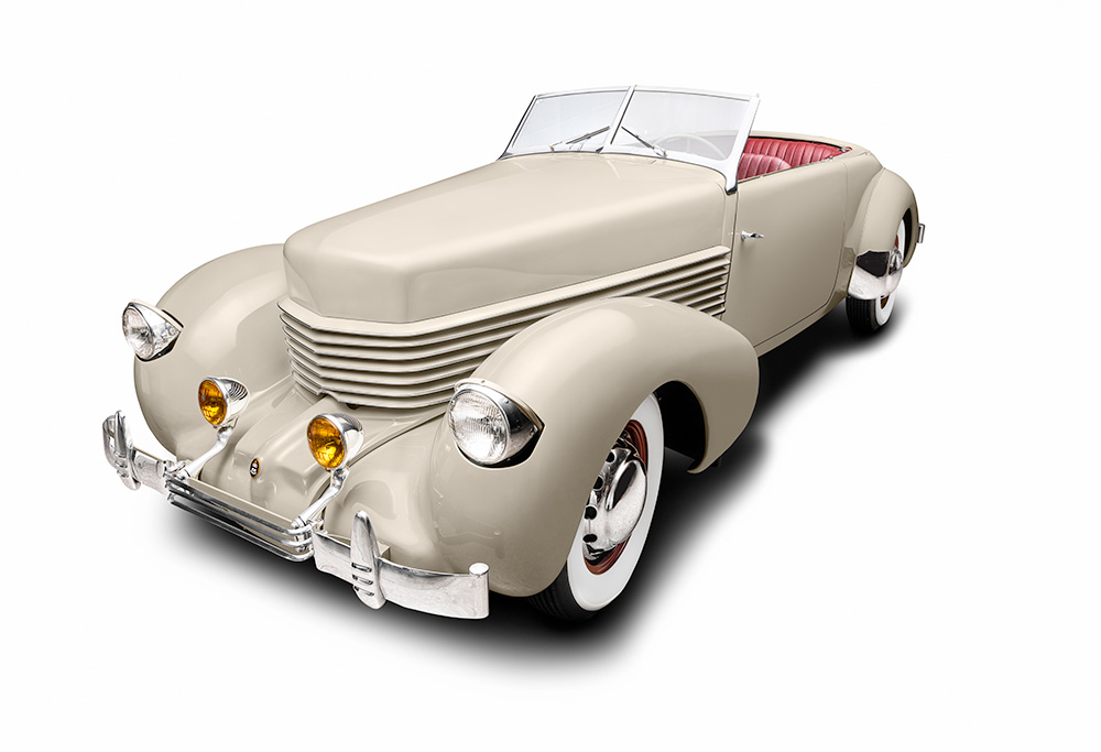 Auburn Automobile Company, Cord 812 Phaeton, 1937. Iron, steel, copper, brass, chrome, rubber, glass, leather, vinyl, wool, plastics and paint, 58 in. x 70 in. x 16 ft. (147.3 x 177.8 505.5 cm). Academy of Art University Automobile Museum, San Francisco. Photography by Randy Dodson