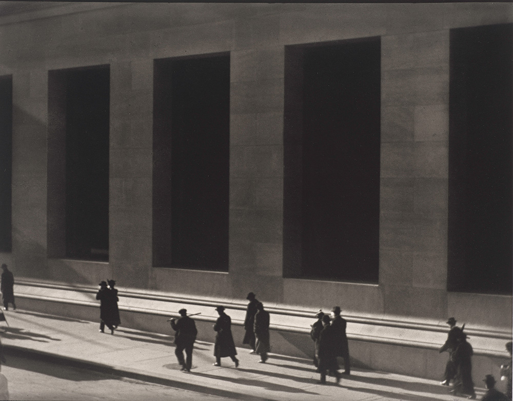 Paul Strand, "Wall Street, New York," 1915. Platinum/palladium print, 9 5/8 x 12 5/8 in. (24.4 x 32.1 cm). Fine Arts Museums of San Francisco, Gift of Michael E. Hoffman, New York, in honor of Mr. Joseph Folberg for his generous support and commitment to photographers and photography, 1992.96.2. Photograph by Randy Dodson © Aperture Foundation, Inc, Paul Strand Archive
