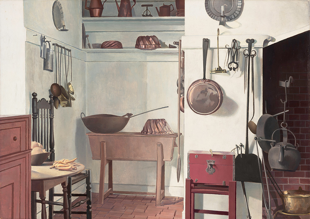 Charles Sheeler, "Kitchen, Williamsburg," 1937. Oil on hardboard, 10 x 14 in. (25.4 x 35.6 cm). Fine Arts Museums of San Francisco, Gift of Mr. and Mrs. John D. Rockefeller 3rd, 1993.35.24. Photograph by Randy Dodso