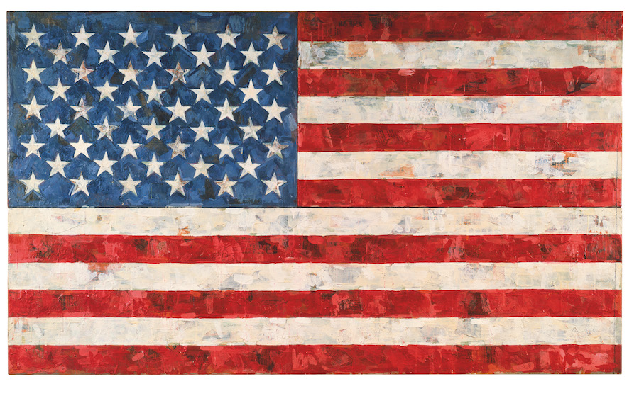 Jasper Johns, Flag, 1967. Encaustic and collage on canvas (three panels). 84.138 x 142.24 cm. The Eli and Edythe L. Broad Collection. Art © Jasper Johns / Licensed by VAGA, New York, NY