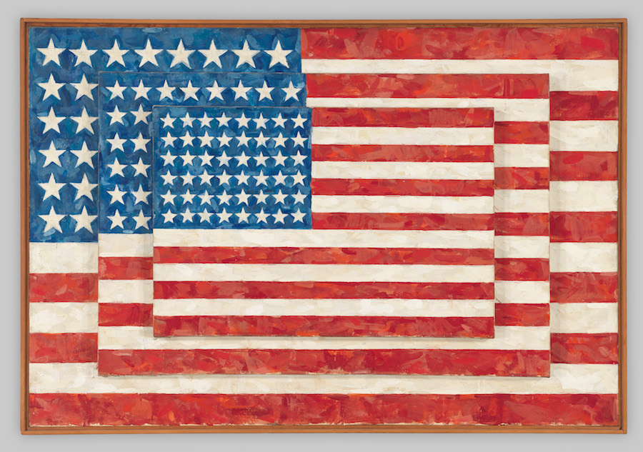 Jasper Johns, Three Flags, 1958. Encaustic on canvas. 77.8 × 115.6 × 11.7 cm. Whitney Museum of American Art, New York; purchase, with funds from the Gilman Foundation, Inc., The Lauder Foundation, A. Alfred Taubman, LauraLee Whittier Woods, Howard Lipman, and Ed Downe in honor of the Museum