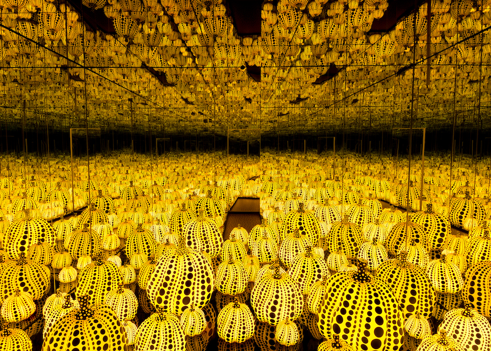 Installation view of Infinity Mirrored Room—All the Eternal Love I Have for the Pumpkins (2016) at the Hirshhorn Museum and Sculpture Garden, 2017. Yayoi Kusama (Japanese, b. 1929). Wood, mirror, plastic, black glass, LED. Collection of the artist. Courtesy of Ota Fine Arts, Tokyo / Singapore, and Victoria Miro, London. © Yayoi Kusama. Photo by Cathy Carver