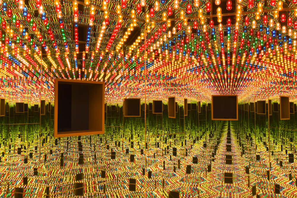 Installation view of Infinity Mirrored Room—Love Forever (1966/1994) at the Hirshhorn Museum and Sculpture Garden, 2017. Yayoi Kusama (Japanese, b. 1929). Wood, mirrors, metal, and lightbulbs. Collection of Ota Fine Arts, Tokyo/Singapore. © Yayoi Kusama. Photo by Cathy Carver