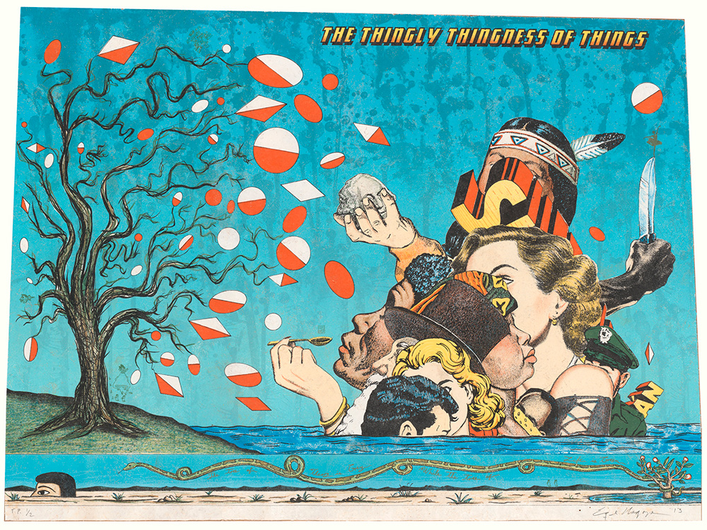 Enrique Chagoya, The Thingly Thingness of the Thing, 2013, color lithograph on amate paper, 22” x 30”