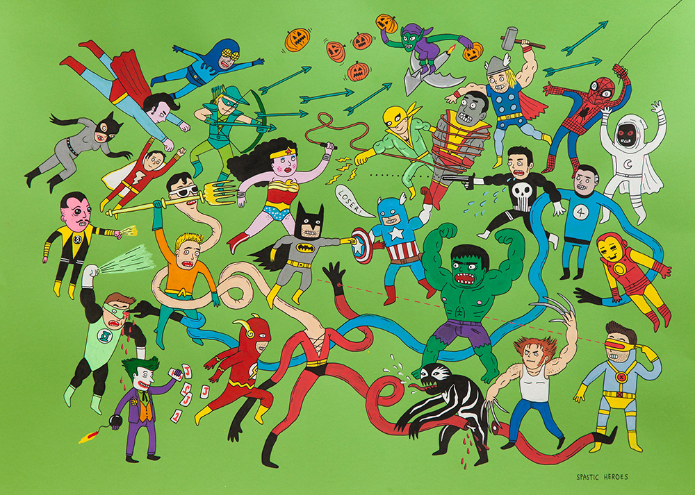 Laurina Paperina, Spastic Heroes, 2015, mixed media on paper, 26” h x 32” w, Courtesy of Fouladi Projects, San Francisco, CA