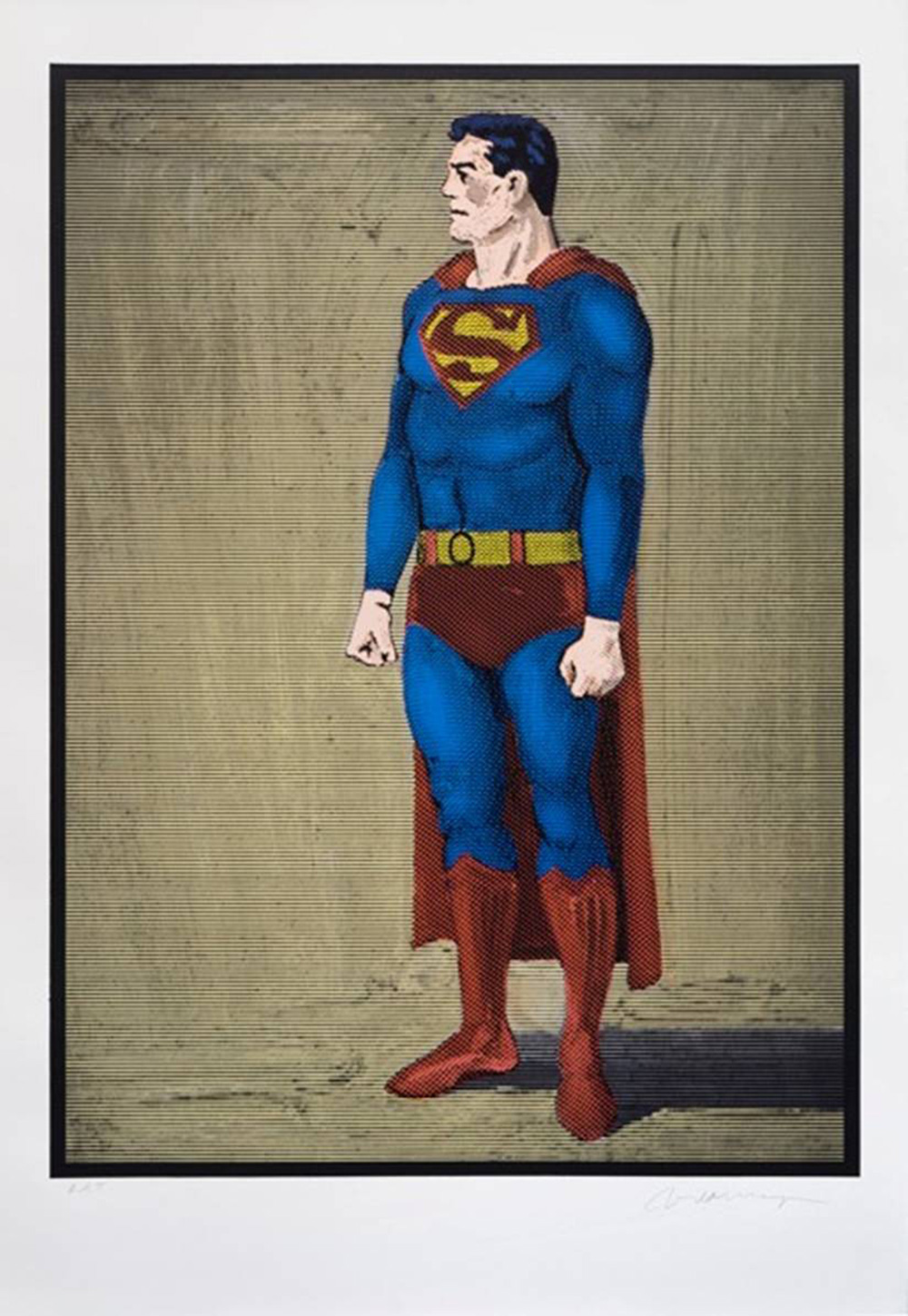 Mel Ramos, Superman , 2014, woodcut print, 27” h x 28”w, Courtesy Magnolia Editions, Oakland, CA