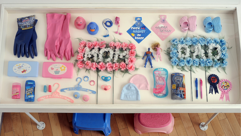 His & Hers, 2011-ongoing, various pink and blue objects, display case, 48 in wide x 30 in high x 24 in deep, image courtesy of the artist.