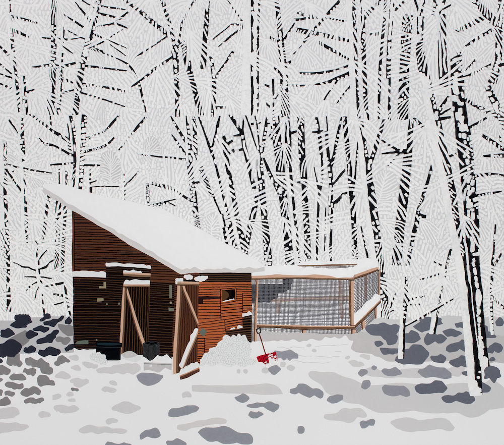 Snowscape with Barn, 2017, oil and acrylic on canvas, 106 x 120 in., Dallas Museum of Art, TWO x TWO for AIDS and Art Fund, 2018.22, courtesy the artist and David Kordansky Gallery, Los Angeles, photographer credit: Brian Forrest