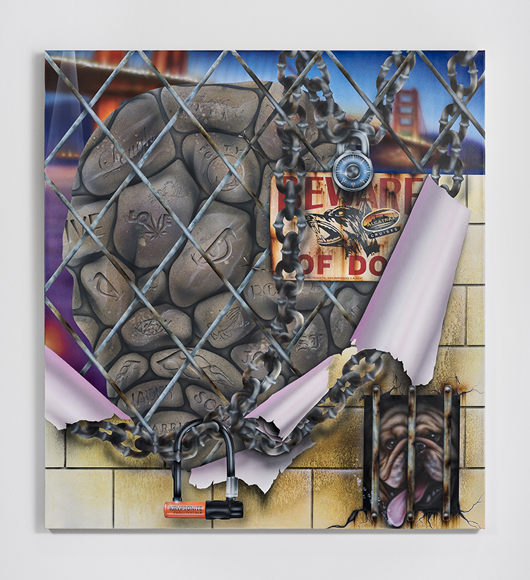 Mario Ayala, Reintegration, 2019. Acrylic and auto flake on canvas, 50 x 46 inches. Courtesy of the artist and Ever Gold [Projects].