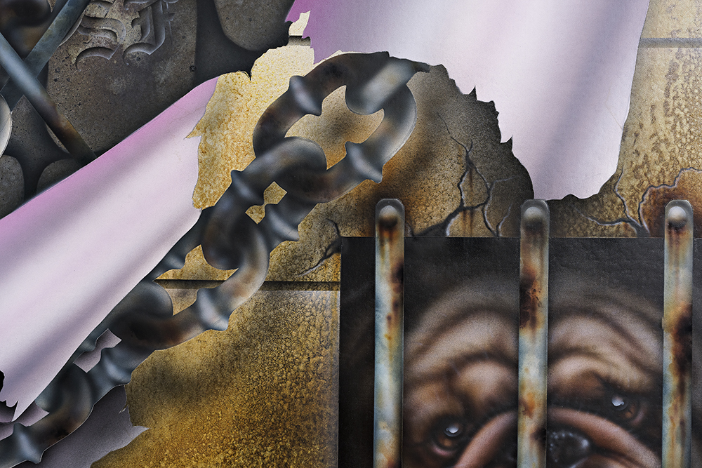 Mario Ayala, Reintegration (detail), 2019. Acrylic and auto flake on canvas, 50 x 46 inches. Courtesy of the artist and Ever Gold [Projects].