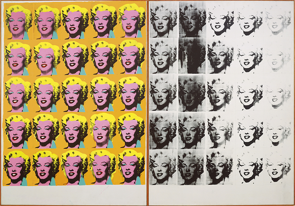 Marilyn Diptych, 1962. Acrylic, silkscreen ink, and graphite on linen, 80 7/8 x 57 in. (205.4 x 144.8 cm). Tate, London; purchase 1980 © The Andy Warhol Foundation for the Visual Arts, Inc. / Artists Rights Society (ARS) New York
