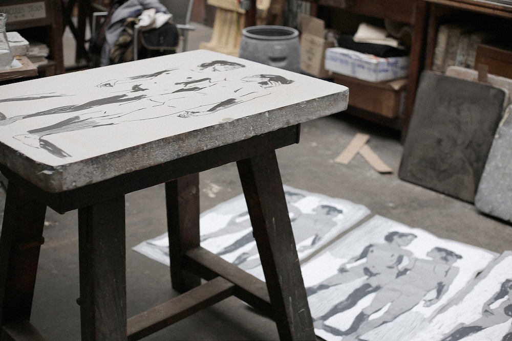 "Antagonisme," 2019. Stone lithograph 3 colors printed with Voirin press lithographic and hand cut, 110.5 x 74.5 cm.