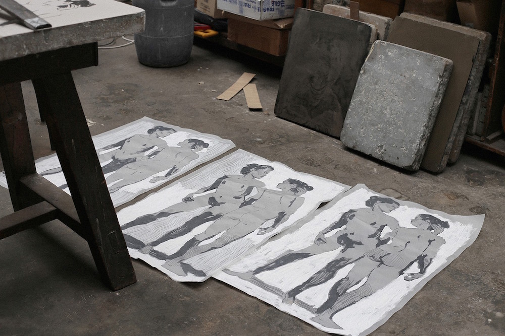 "Antagonisme," 2019. Stone lithograph 3 colors printed with Voirin press lithographic and hand cut, 110.5 x 74.5 cm.