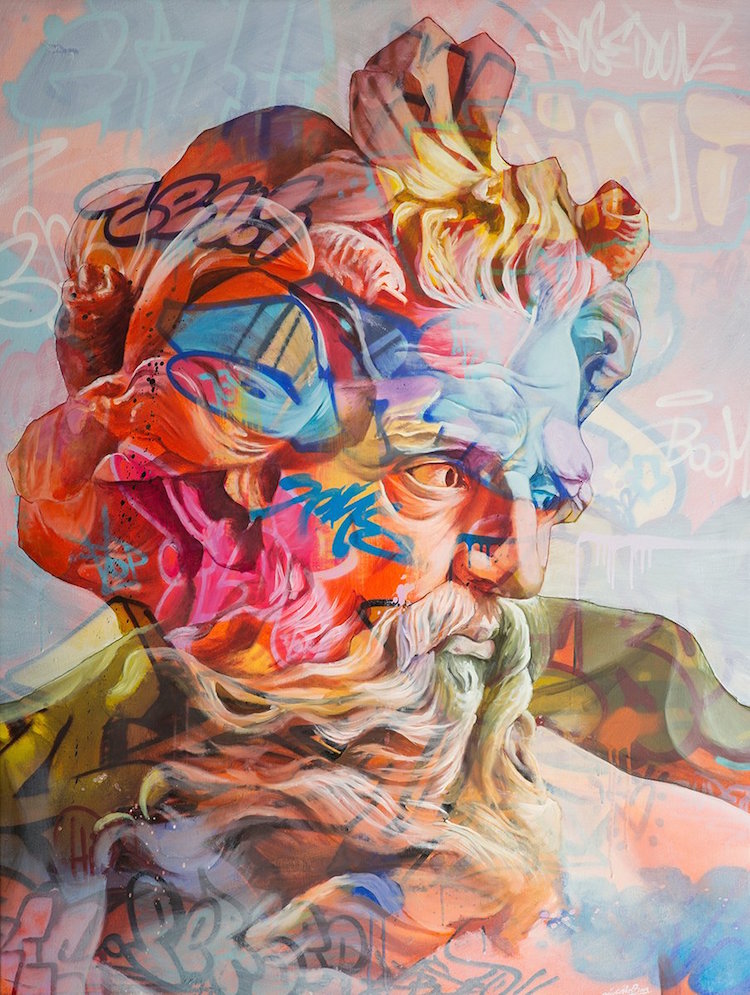 “Poseidon,” 2019. Mixed-media. Acrylic, spray paint, and oil elements on canvas. 48 x 36 in.