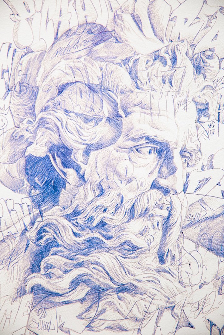 “Poseidon.” Original drawing. Ball point pen on archival paper. 11.7 x 8.3 in.