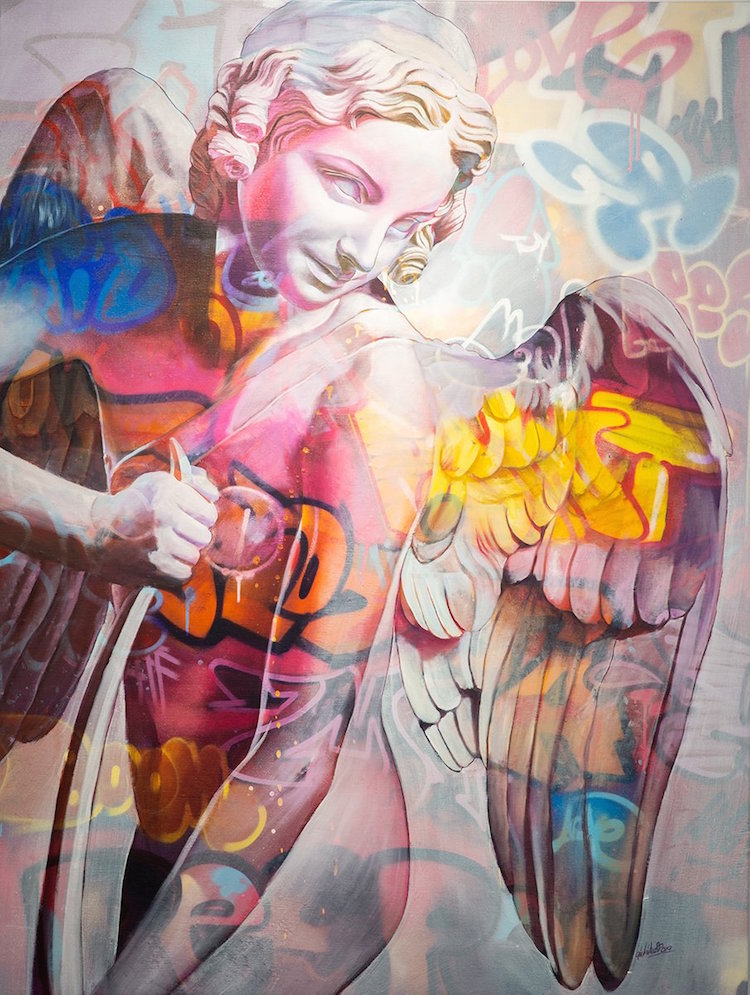 “Eros,” 2019. Mixed-media. Acrylic, spray paint, and oil elements on canvas. 48 x 36 in.