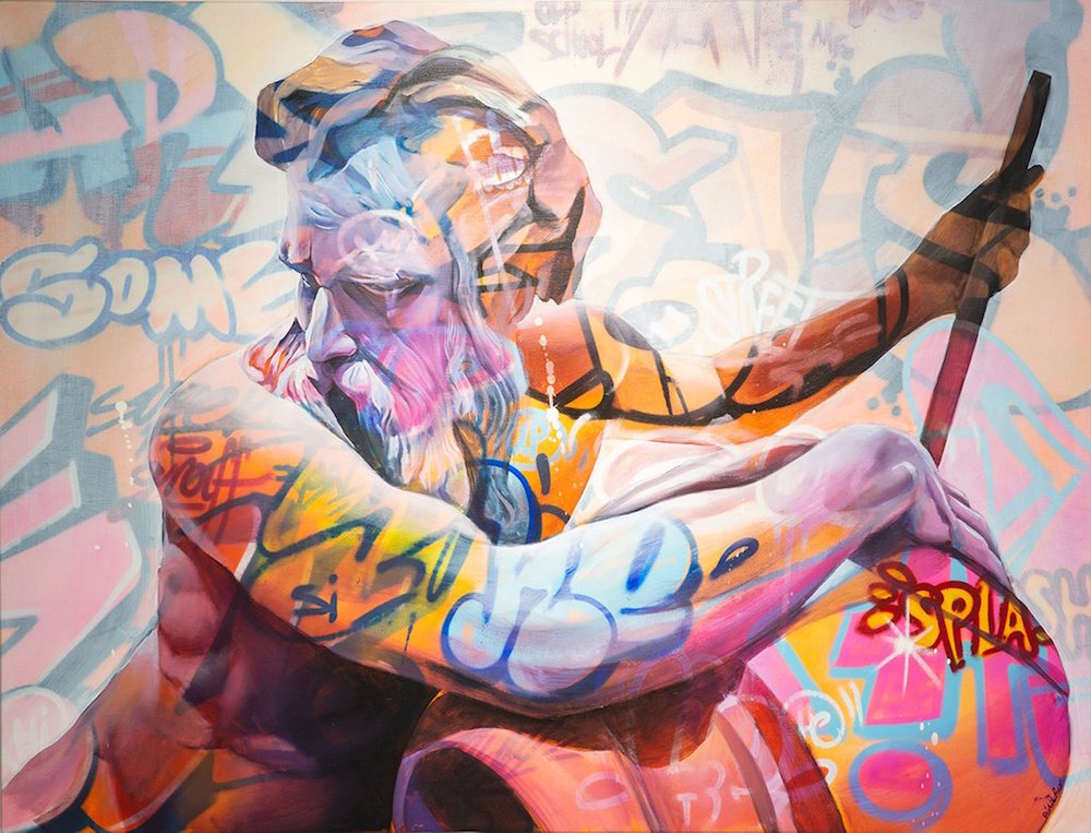 “God of the Sea,” 2019. Mixed-media. Acrylic, spray paint, and oil elements on canvas. 36 x 48 in.