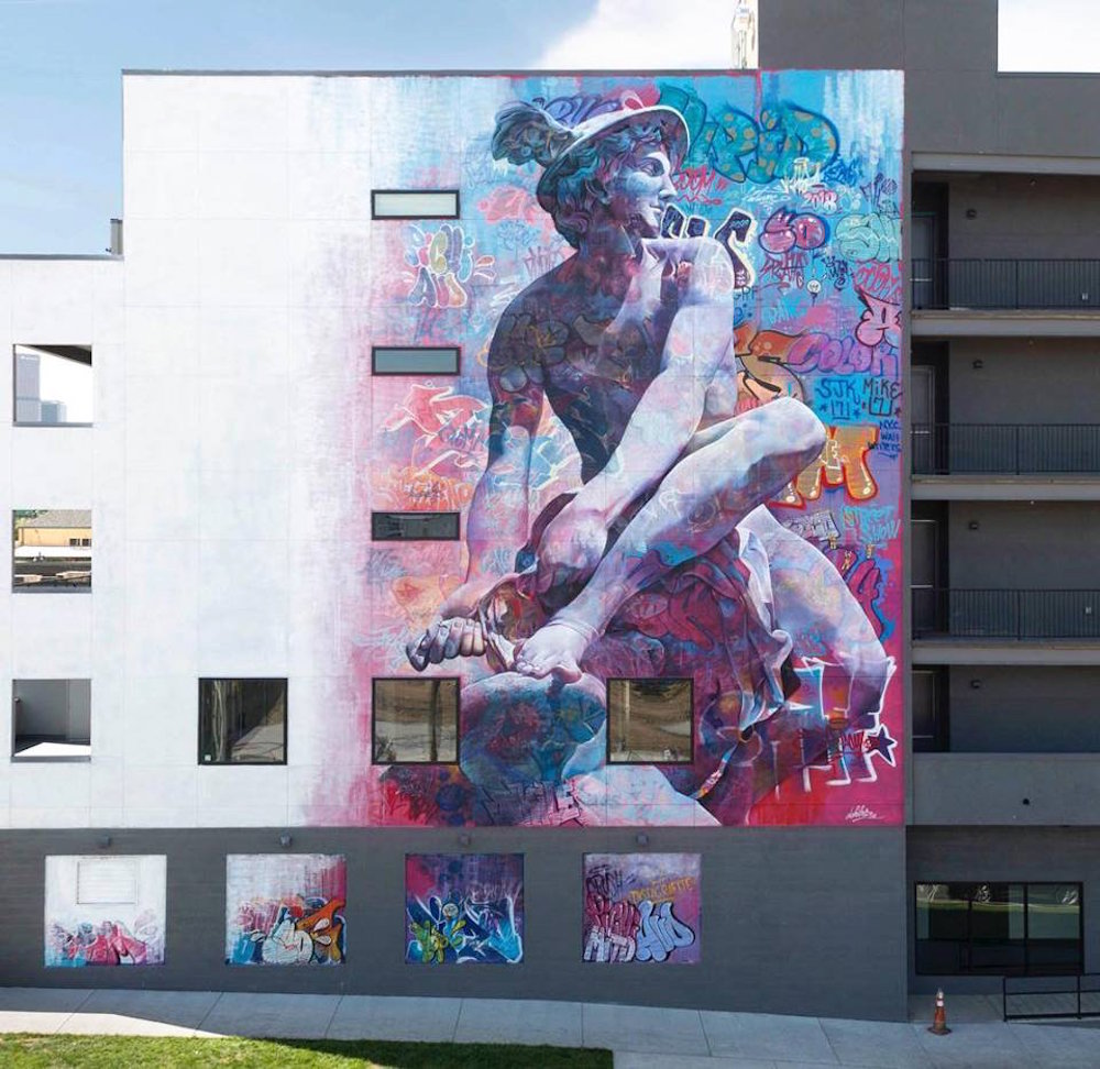 “Hermes,” 2019. Mixed-media. Acrylic, spray paint, and oil elements on canvas. 48 x 36 in.