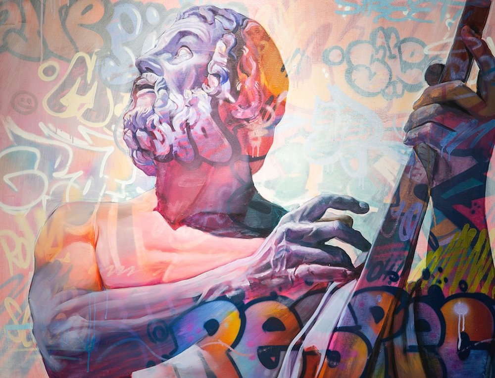 “Orpheus,” 2019. Mixed-media. Acrylic, spray paint, and oil elements on canvas. 48 x 36 in.