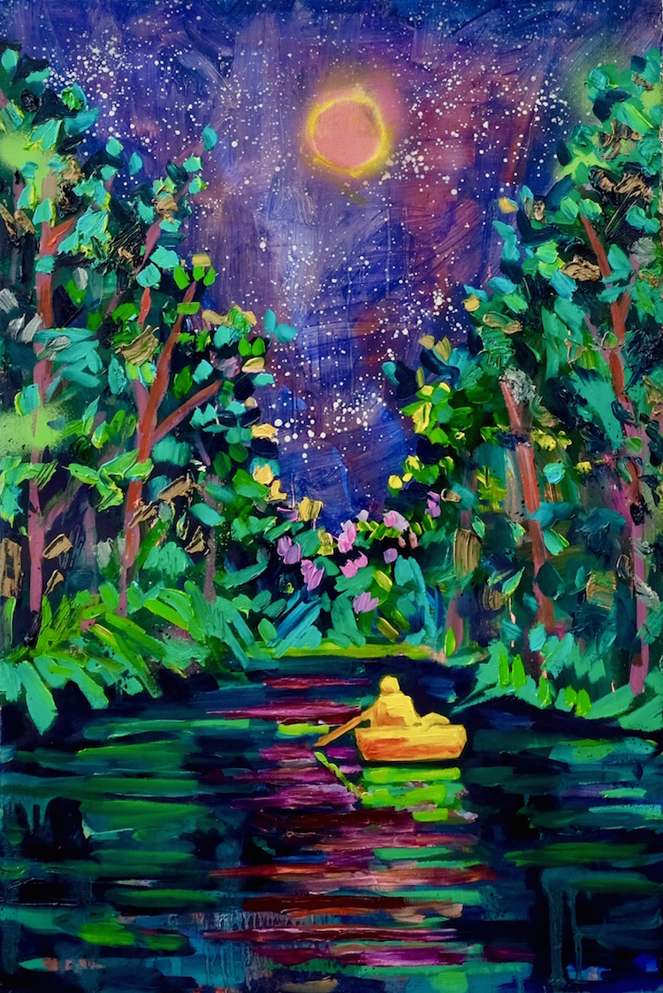 "Full Moon River Run." 24”x16”, Oil and spray paint on canvas, 2019.