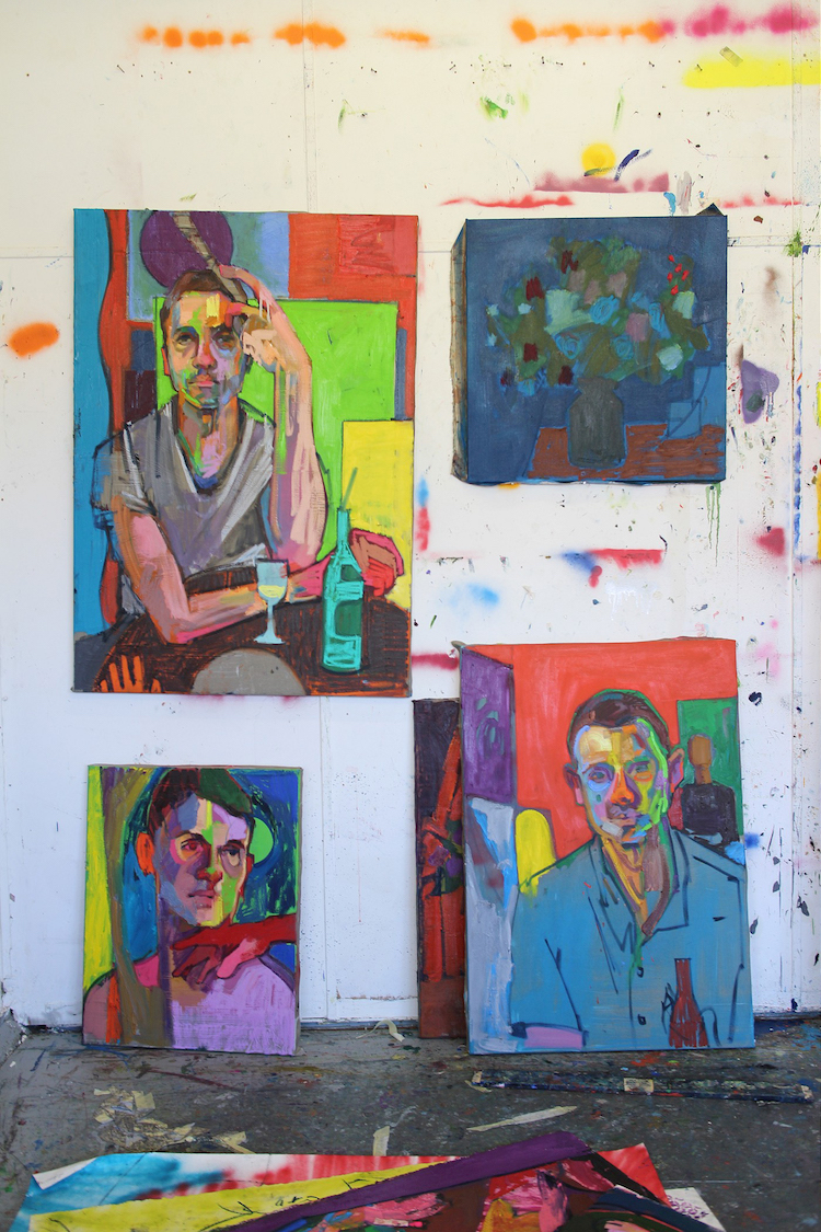 Top Left: "Self Portrait with Sardines." Oil and pastel on linen. 100 cm x 80 cm.