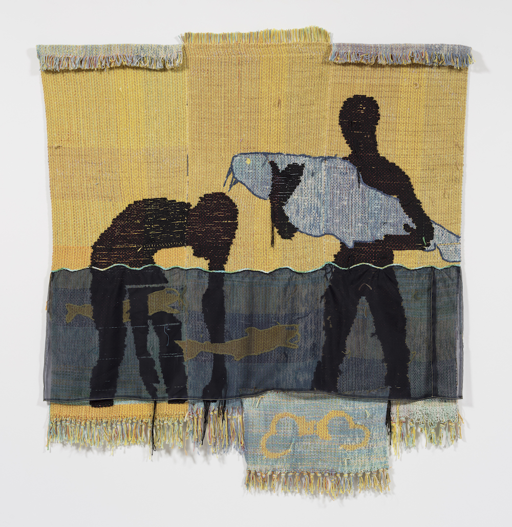 bitter attendance, drown jubilee, 2018. Woven cotton and acrylic yarn, and silk organza, 72 x 72 in (182.8 x 182.8 cm). Courtesy the artist